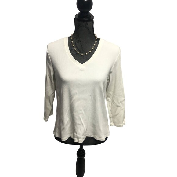 Lands End Ribbed Top Womens Size Large 14-16 White V Neck Shirt Casual Layering - Picture 5 of 7